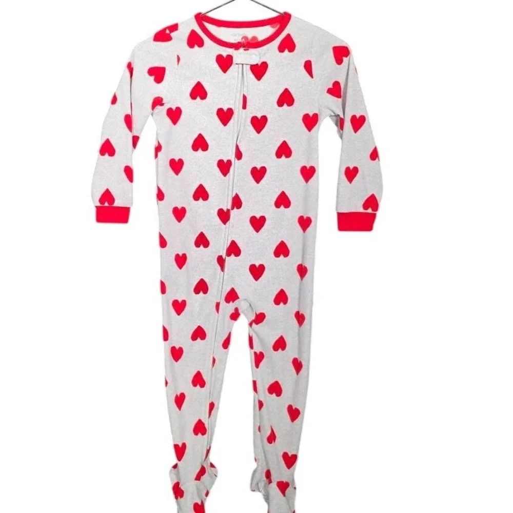 Carters Toddler Girls 4T Gray Red Heart Fleece Footed Sleeper Pajamas ZIP UP